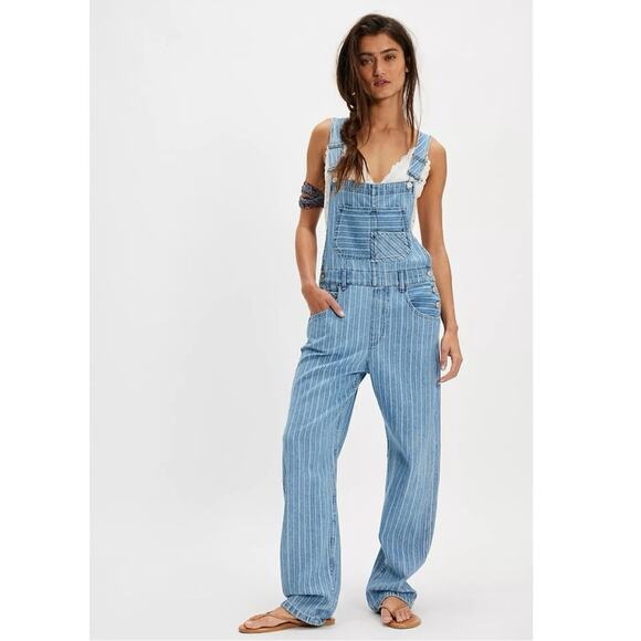 Free People Ziggy Striped Overalls Beachcomber Railroad Bohemian Coastal Medium - Picture 6 of 13